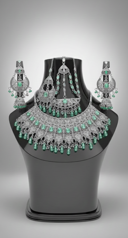 Traditional Wedding Gold Bridal Set – Full Necklace, Earrings & Headpiece