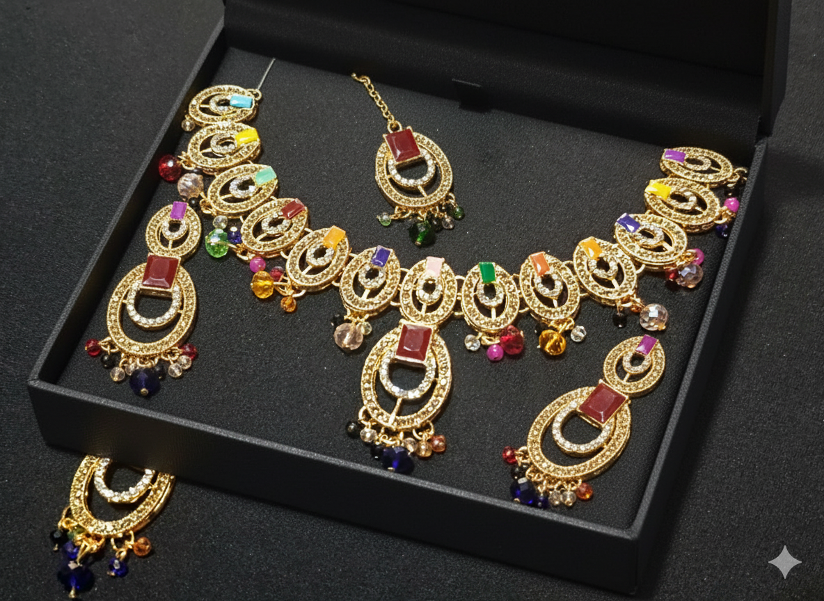 Pearl Necklace Earrings Bindi Jewellery Set for Party Wear