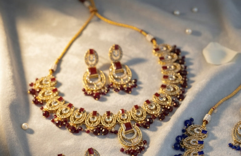 Pearl Necklace Earrings Bindi Jewellery Set for Party Wear