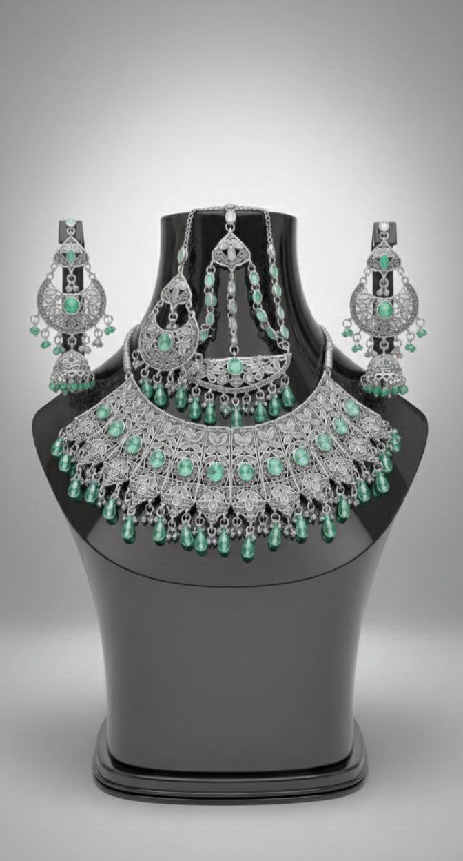 Traditional Wedding Gold Bridal Set – Full Necklace, Earrings & Headpiece