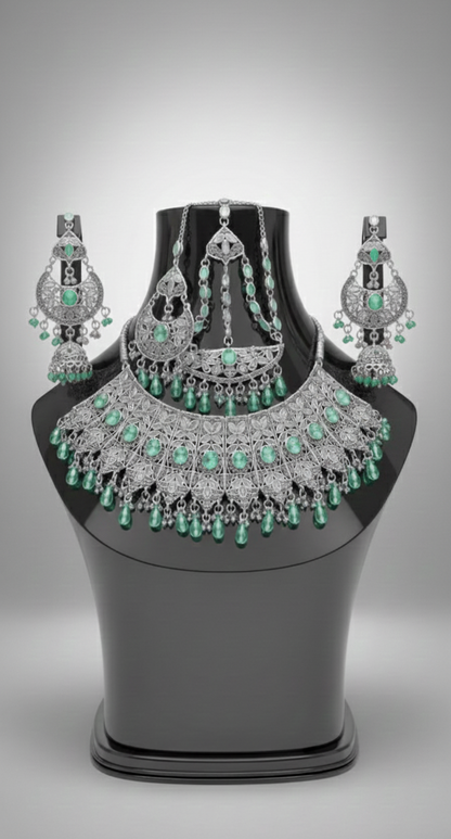 Traditional Wedding Gold Bridal Set – Full Necklace, Earrings & Headpiece