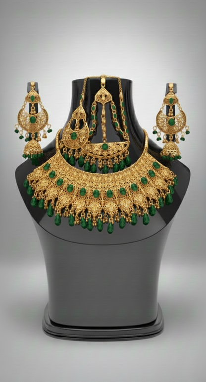 Traditional Wedding Gold Bridal Set – Full Necklace, Earrings & Headpiece