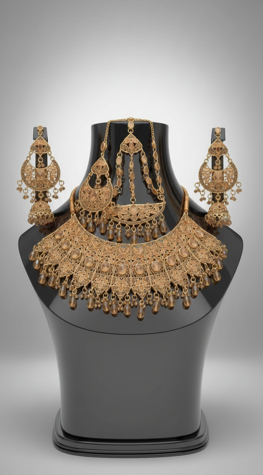 Traditional Wedding Gold Bridal Set – Full Necklace, Earrings & Headpiece