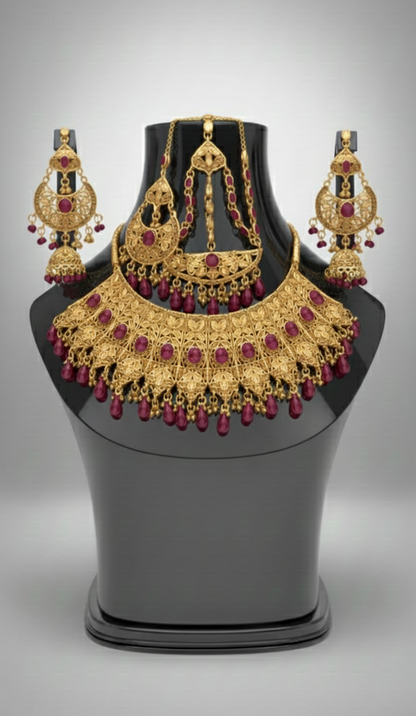 Traditional Wedding Gold Bridal Set – Full Necklace, Earrings & Headpiece