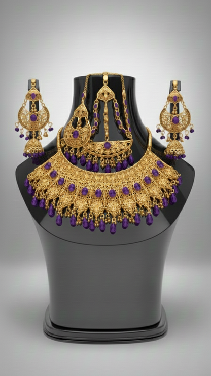Traditional Wedding Gold Bridal Set – Full Necklace, Earrings & Headpiece