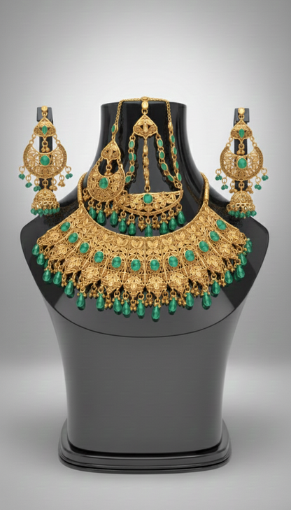 Traditional Wedding Gold Bridal Set – Full Necklace, Earrings & Headpiece